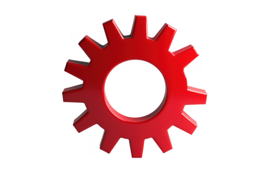 Vibrant red gear isolated against a deep transparent background demonstrating mechanical engineering concepts