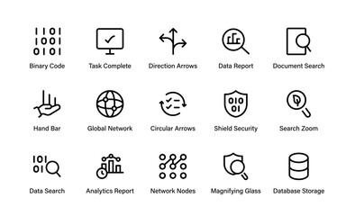 Corporate Data Professional Line Icon Collection. Modern minimal outline vector set of statistics, analytics, finance, charts, business, economy, and research.