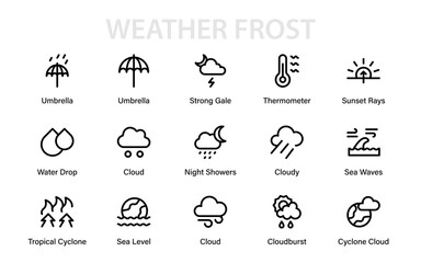 Weather frost Modern Line Icon Collection. Professional climate outline vector set with premium minimal forecast, storm, and atmospheric design symbols.