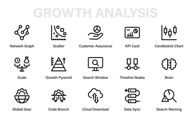 Growth Analysis Professional Line Icon Collection. Modern minimal vector outline pack featuring statistics, finance, analytics, charts, business, and economy.