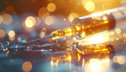 Fototapeta premium Precision in Medicine: An evocative macro shot showcases a filled syringe poised, bathed in a captivating golden light, symbolizing innovation and advancements in healthcare