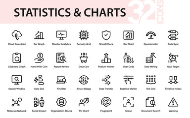 Statistics Charts Modern Line Icon Collection. Professional minimal vector outline pack featuring data, statistics, economy, analytics, trading, and reporting.