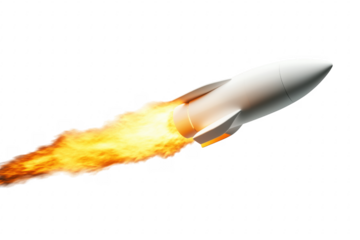 A white rocket launching upwards against a deep transparent background creating dramatic visuals