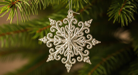 A silver snowflake ornament hanging from a Christmas tree branch.