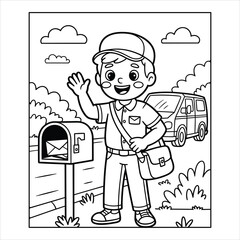 Mailman Coloring Page Cartoon Postman Delivering Letters to Mailbox for Kids