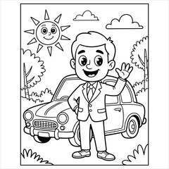 Car Coloring Page Cartoon Businessman Standing with Vehicle for Kids