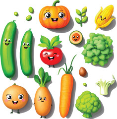Smiling Fruits and Vegetables Vector Set — Cartoon-Style Black and White Characters with Expressive Faces for Healthy Living Themes