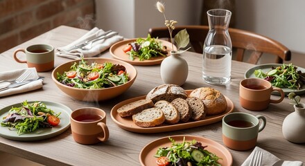 A beautifully arranged dining table set for a meal, featuring salad, bread, and drinks.