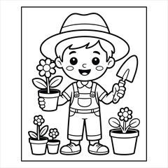 Gardening Boy Coloring Page with Flowers and Plant Pots