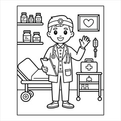 Doctor Coloring Page for Kids Cute Cartoon Medical Vector Illustration
