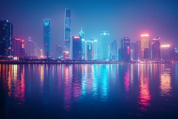 Fototapeta premium Urban riverside glowing under neon lights high resolution picture