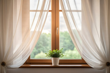Open window with sheer curtains swaying in soft breeze, potted green plant on sill, peaceful bright morning atmosphere.