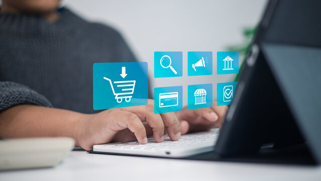 E-commerce business with digital shopping cart icons for online store, digital marketing and payment technology