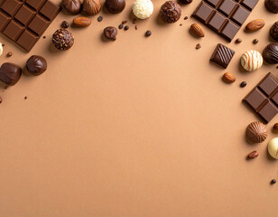 Decadent Chocolate Assortment - Gourmet Treats Frame, Brown Background.
