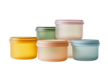 Collection of colorful modern food storage containers with matching lids on transparent background