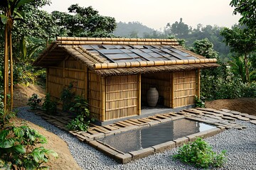 Naklejka premium Vertical bamboo rainwater storage with overflow pond high resolution picture
