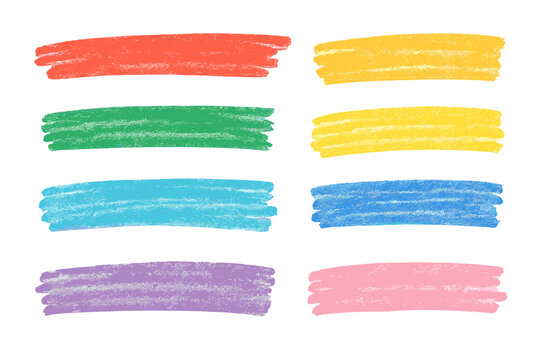 Set of colorful crayon brush strokes. Hand-drawn chalk underline and highlight elements for emphasis. Rough kid's scribble texture for design accent. Vector collection of wax pencil doodles.