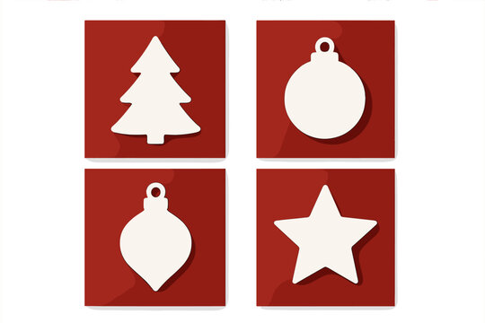 Christmas card set paper cut style. Modern minimalist design. Xmas tree, bauble, star silhouettes. 3d vector illustration with shadow. Square holiday greeting poster. - Powered by Adobe