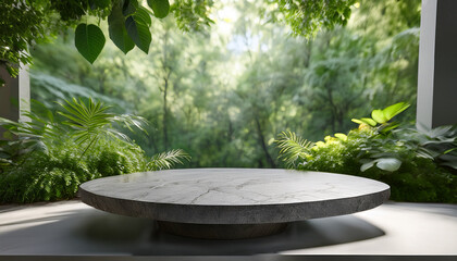 Modern Stone Table Surrounded By Lush Greenery In A Serene Indoor Setting