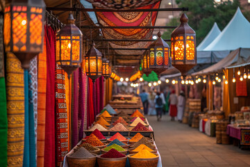 Vibrant festival street market stalls with colorful textiles, aromatic spices, and glowing lanterns showcasing cultural celebration and diversity.