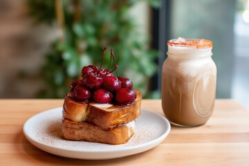 Cherry Jubilee & Frappe Toast Concept. Delicious French toast topped with cherries and a coffee drink.