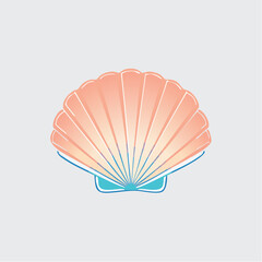 Illustration of a stylized scallop shell in peach and blue tones against a light gray background.