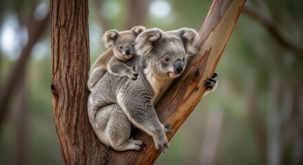 Koala mother and joey on a tree branch
