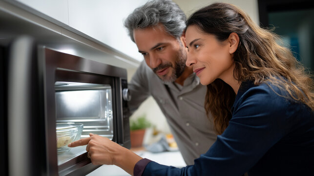 Man testing the buttons on a modern microwave while the woman observes thoughtfully.