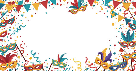 Fototapeta premium Carnival mask and confetti streamer border for masquerade invitations, party flyers, and festive designs