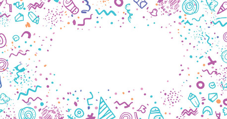 Hand drawn party element border with confetti and streamers for creative invitations, cards, and craft projects