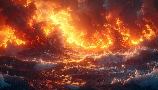 Fiery clouds raging over a turbulent sea
