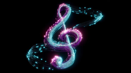Obraz premium Neon Light Treble Clef Symbol with Swirling Pink and Blue Hues on a Black Background