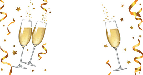 Champagne celebration with golden confetti and ribbons for wedding invites, party promos and event headers