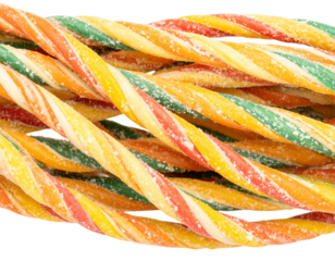 A coiled colorful rope with a red band is isolated on a white background