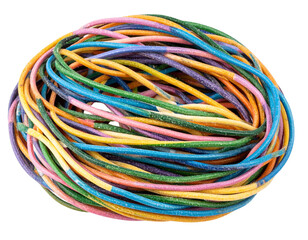 A coiled colorful rope with a red band is isolated on a white background