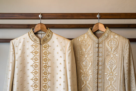 Traditional Pakistani wedding sherwani outfits with detailed embroidery hanging on wooden hanger, cultural groom attire fashion heritage style.