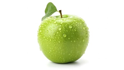 Fresh green apple with numerous water droplets a brown stem and a green leaf on a white backdrop - Powered by Adobe