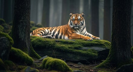 Majestic tiger resting on mossy rock in misty forest (1)