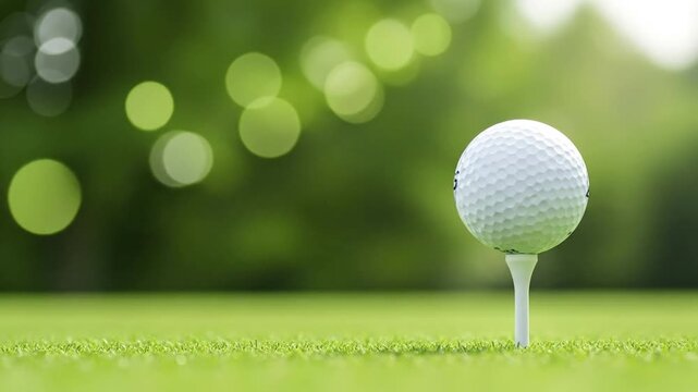 A white dimpled ball rests on a tee in short green grass with a soft blurred green background