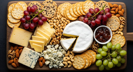 Delicious Cheese Board Platter Featuring Assorted Cheeses Fresh Fruits Nuts and Crackers for Gourmet Appetizer Enjoyment