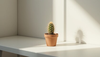 Clean minimalist desk with a cactus in a small clay pot, bright sunlight casting soft shadows