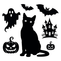 alloween Silhouettes Vector Black Cat, Ghost, and Pumpkin Halloween Collection