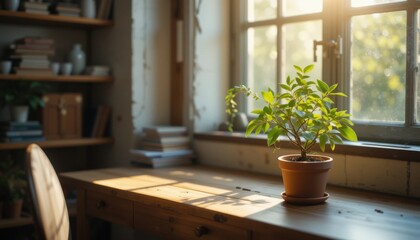 Fototapeta premium Wooden work desk by the window with sunlight hitting a small potted jade plant, creating a refreshing scene.