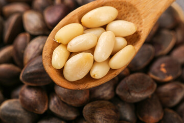 Fresh Wild Pine Nuts from Changbai Mountain Yunnan in Wooden Spoon - Premium Natural Forest Harvest