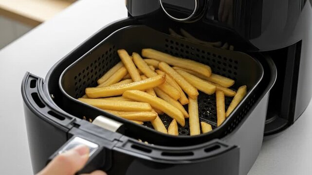 An air fryer basket filled with crispy golden french fries with a hand holding the handle on a light surface
