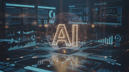 Stunning AI and Machine Learning interface with glowing digital globe and data visualizations, showcasing future technology and complex algorithms in a modern, high-tech environment.