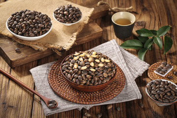 Fresh Pine Nuts and Coffee Beans Yunnan Wild Harvest Display on Rustic Wood Table