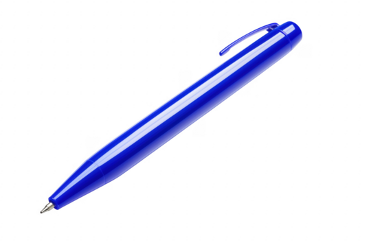 A detailed studio shot of a shiny blue ballpoint pen on a transparent background