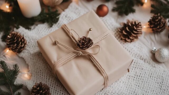 Christmas gift decorated with pine cone, twine and golden beads lying on knitted blanket