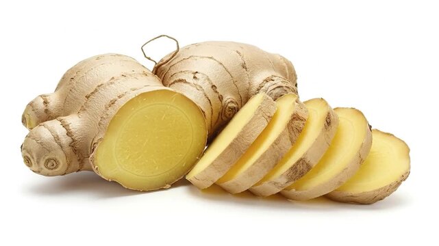 Whole and sliced ginger roots with rough light brown skin and pale yellow flesh are displayed on a white surface revealing their fibrous texture